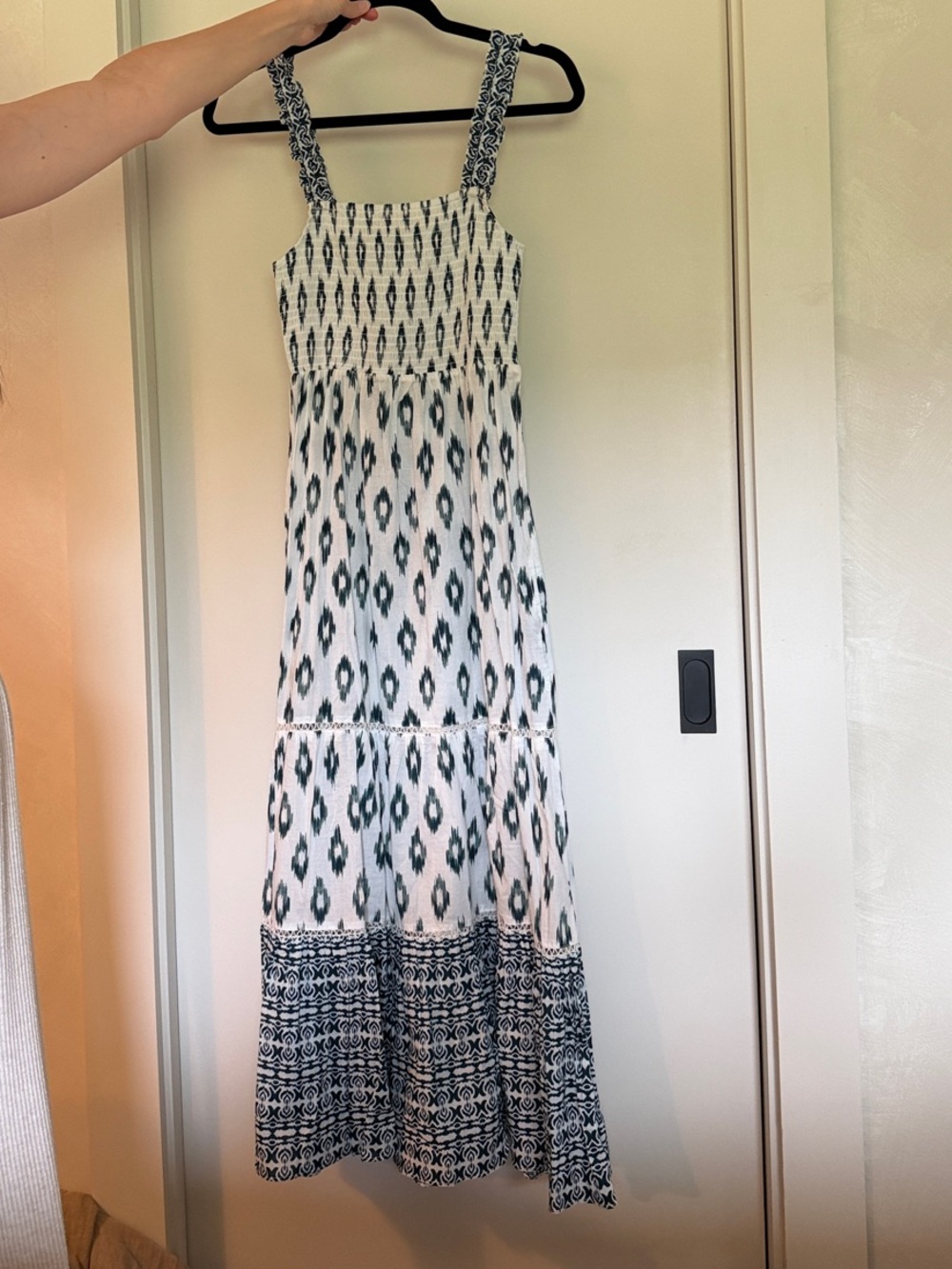Tiered Maxi Sundress in White and Navy Ikat
